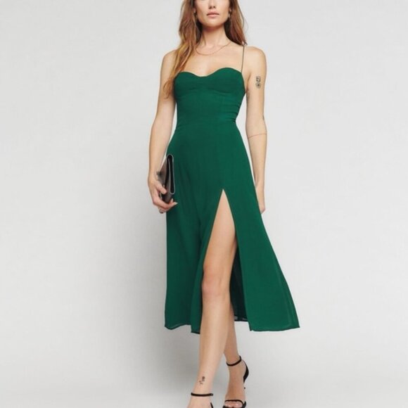 NEW Reformation Juliette Dress in Emerald Dark Green Side Slit | size 4 - Picture 2 of 9